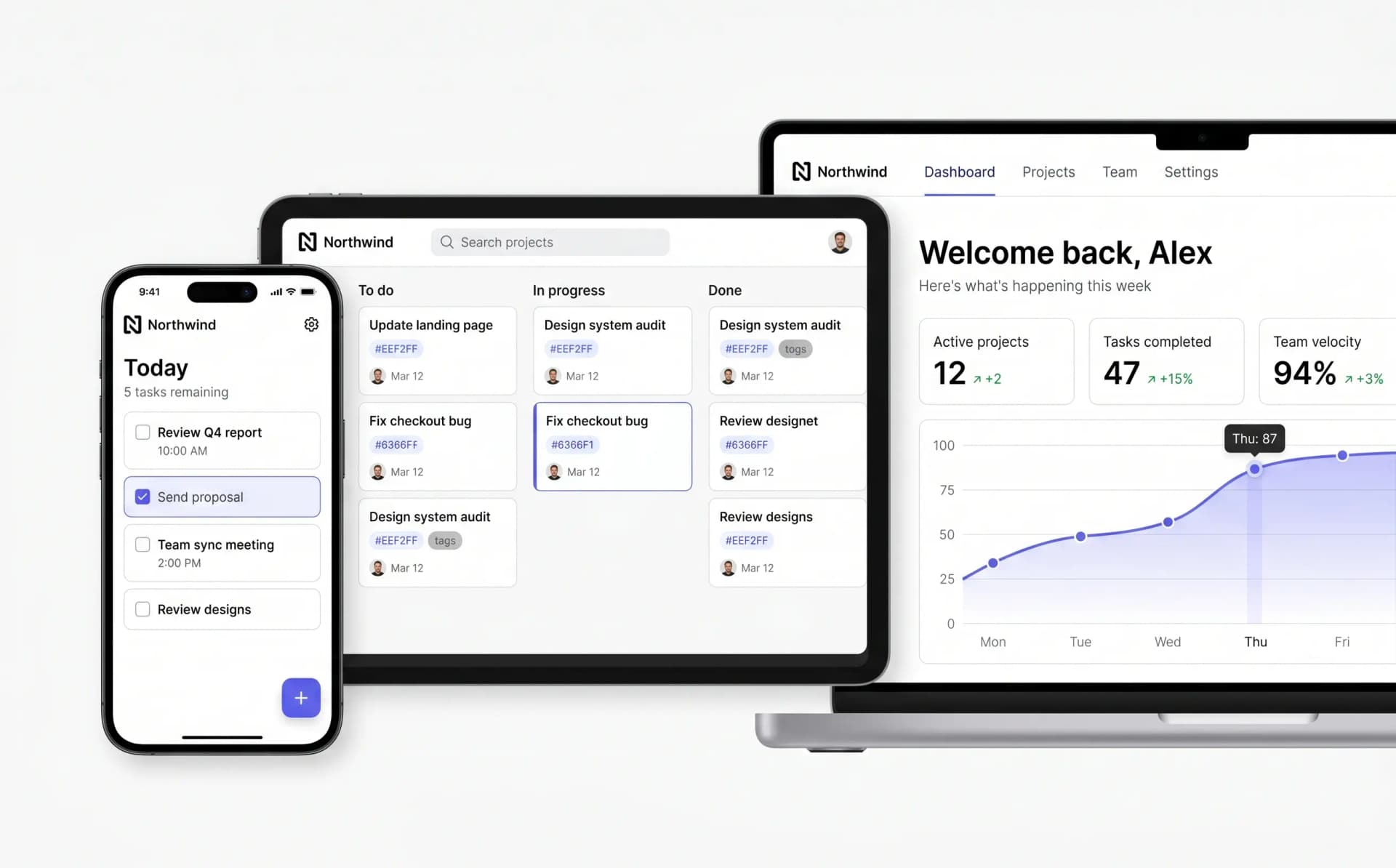 Proiecte web complete — produs Northwind pe mobil, tabletă și desktop