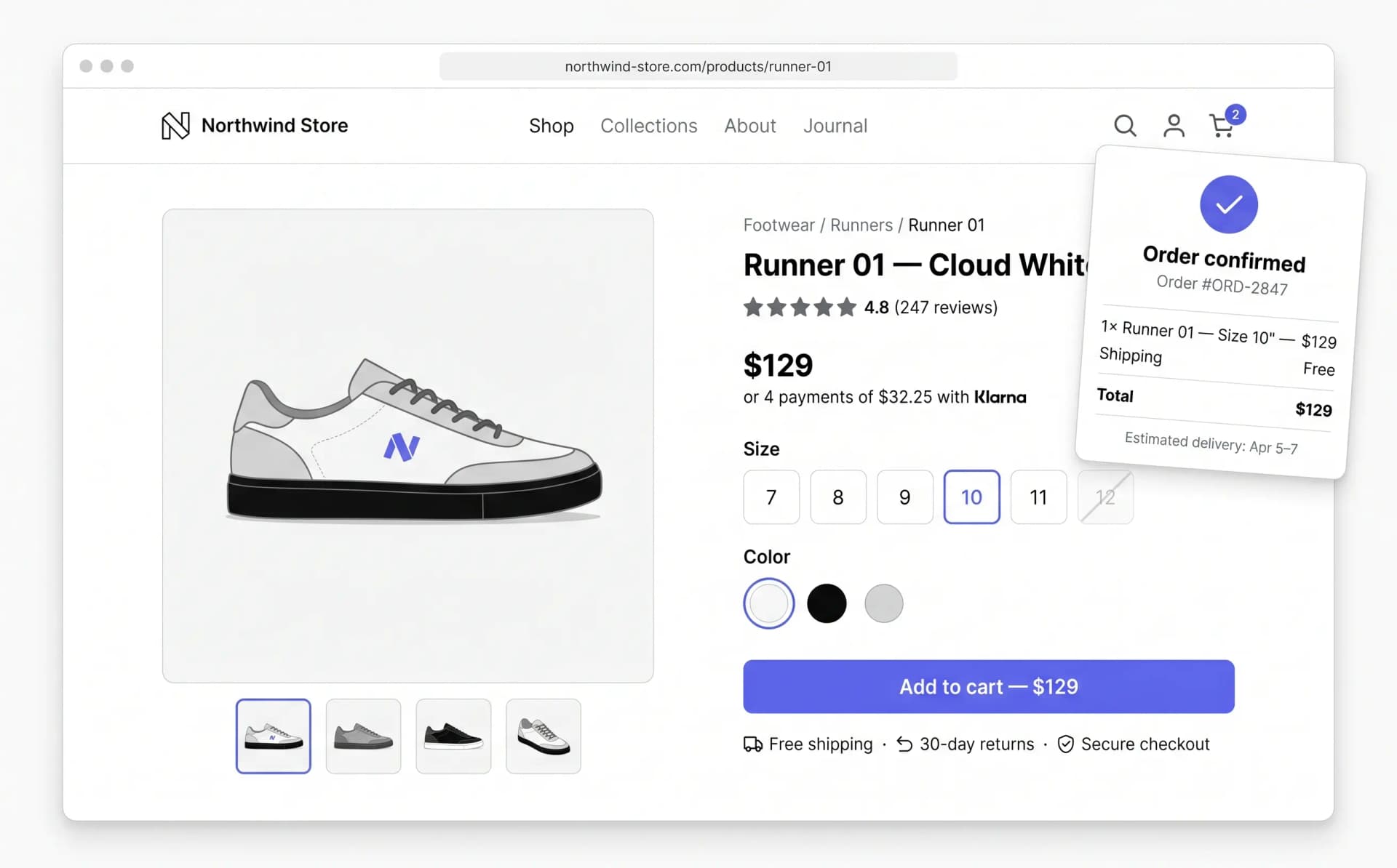 E-commerce — pagină de produs Northwind Store cu confirmare comandă